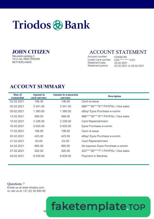 Feature of fake Netherlands Triodos Bank